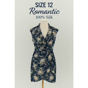 Romantic Core Oasis Silk Dress 12/38 Navy Floral Cap Sleeve V-Neck Hem